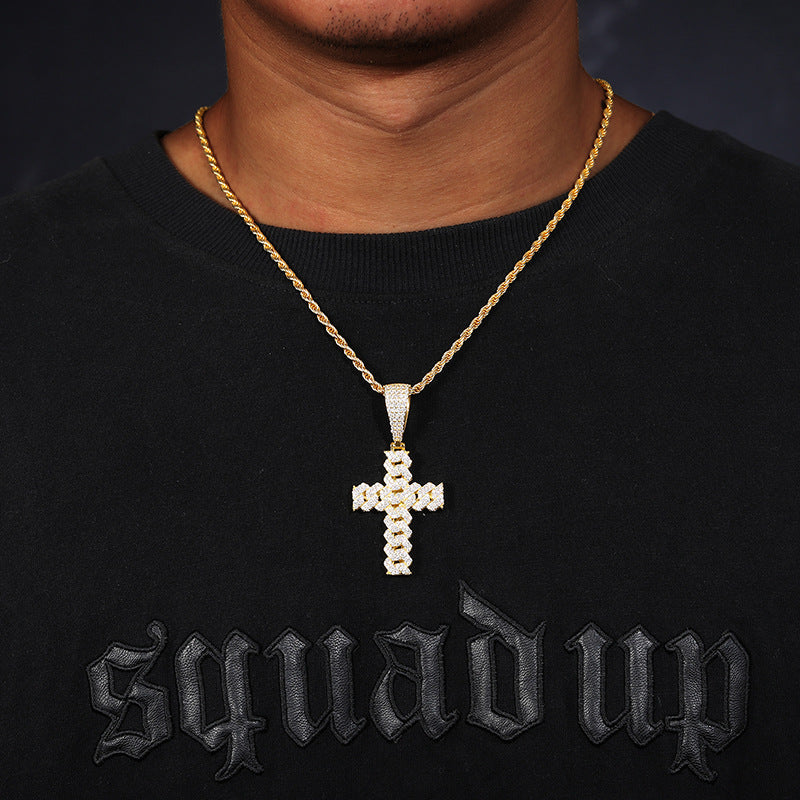 Prong set Cuban link Cross Pendant