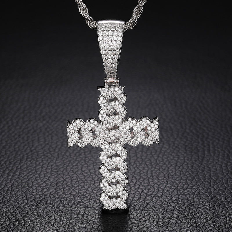 Prong set Cuban link Cross Pendant