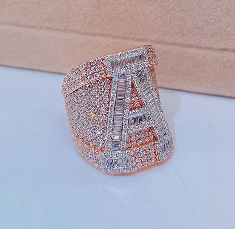 Rose Gold 2 Tone Round and Baguette Initial ring