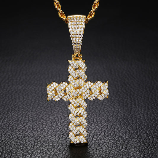 Prong set Cuban link Cross Pendant