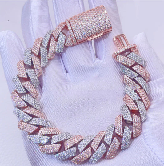 2 Tone Prong Setting Cuban Link Bracelet