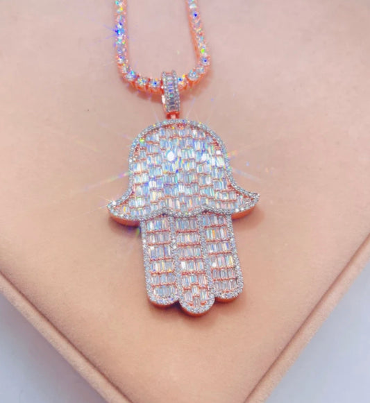 Round and baguette cut Hamsa hand Pendant